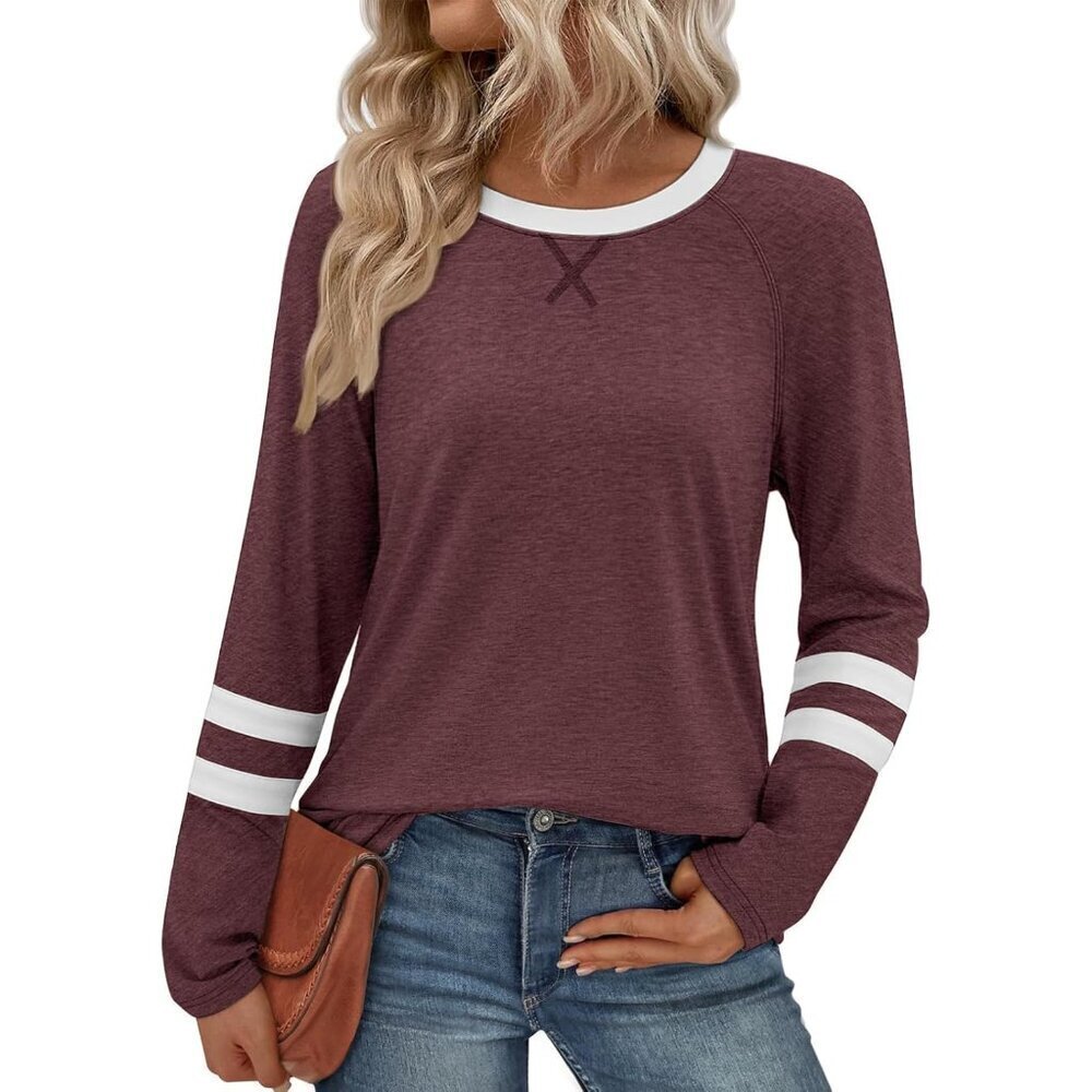Women's Color Block Long Sleeve Shirt Casual Crewneck Top Basic Tee